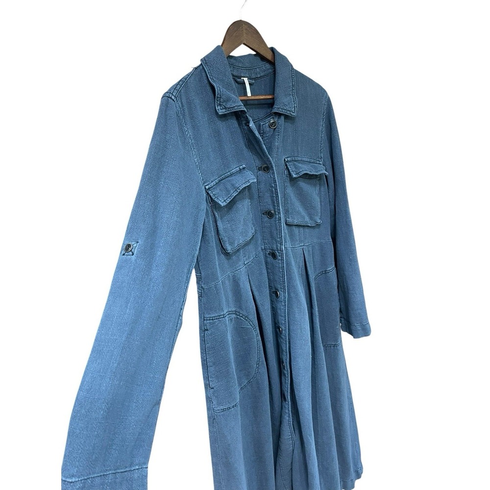 Free People 'Rainz'  Linen Duster Jacket Long Dress Blue Oversized Size Medium - Picture 3 of 10